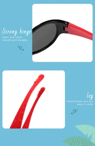 Detailansicht der Kinder-Sonnenbrille mit robusten Scharnieren und bequemen roten Bügeln