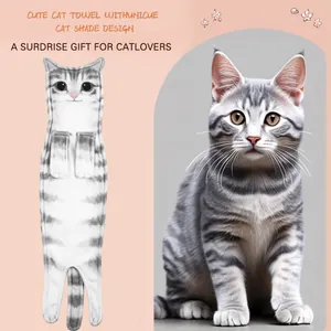 Realistic grey tabby cat hanging hand towel detail with a cute cartoon cat face design