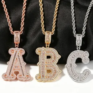 Hip-hop iced out baguette initial A B C pendants on rope chains in gold and silver