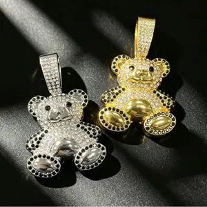 Collana con ciondolo a forma di orsetto ghiacciato gioielli hip-hop in oro e argento