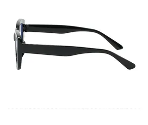 Side profile view of black square frame glasses showing the wide temple design