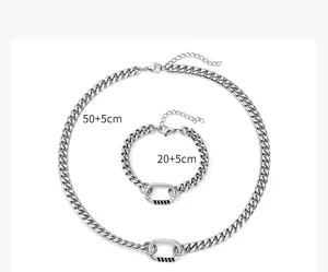 Zilveren titanium stalen Cubaanse schakelketting en armband set maten 50+5/20+5cm
