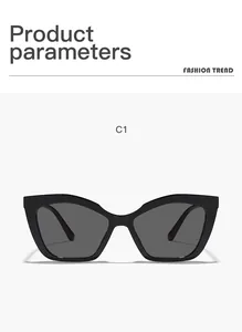 Front view of black cat-eye sunglasses with narrow plastic frame for UV protection