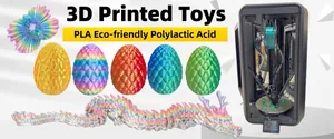 Detail view of 3D printed articulated dragon and colorful dragon eggs with PLA texture