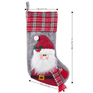 Large grey and red felt Christmas stocking with Santa Claus 3D detail and dimensions