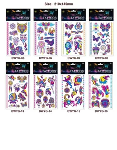 Huit feuilles de tatouages temporaires d'animaux fluorescents, motifs chouette et lion