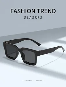 Close-up of black square frame sunglasses with UV protection in a modern design.