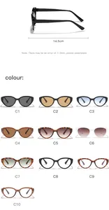 Vista laterale dettagliata e dieci opzioni di colore per occhiali da sole vintage cat eye