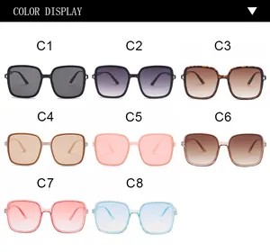 Detailed color display chart of oversized square sunglasses for women in eight trendy shades