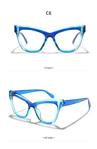 Detailed view of blue cat-eye glasses frames from front and 45-degree angles for women