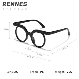 Retro round black eyeglasses with PC frame and AC lens, product dimension display.