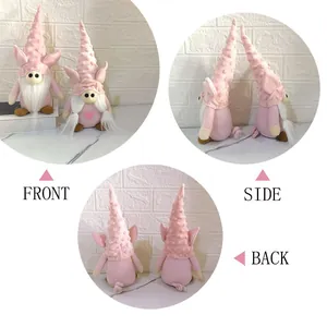 Multi-angle view of pink Valentine's pig gnomes with textured hats and white beards.