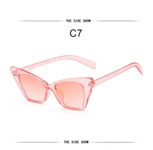 Close-up detail view of fashionable pink transparent cat-eye sunglasses with retro frames