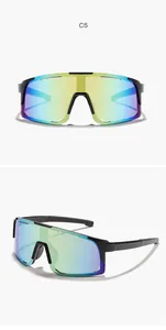Front and side views of kids' oversized cycling sunglasses with rainbow mirrored lens