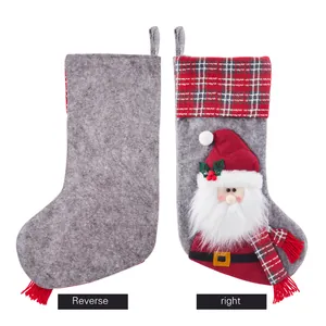 Front and back view of grey felt Christmas stocking with 3D Santa Claus and red plaid cuff