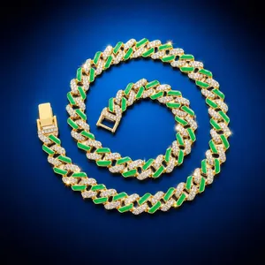 Hiphop Cuban Link Necklace Bracelet Alloy Iced Out Rhinestone Blue Green Enamel Thick Chain For Men Women Party Jewelry