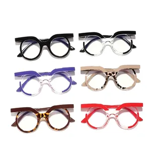 Stylish round retro eyeglasses with colorful thick top frames in multiple colors