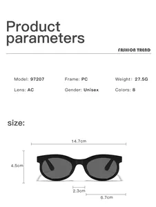 Especificaciones detalladas y tabla de tallas para gafas de sol unisex de tendencia