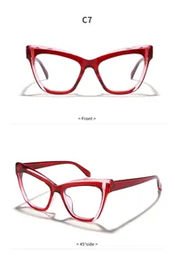 Detailed views of red cat-eye glasses from front and 45-degree side angles