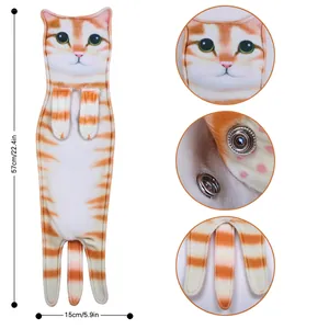 Detailed view of realistic ginger tabby cat hand towel with snaps and dimensions