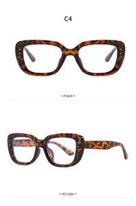 Stylish tortoise shell square anti-blue light glasses with metal stud accents in white background
