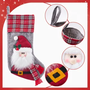 Detailed views of a grey felt Christmas stocking with a plush 3D Santa Claus character design