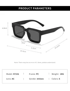 Dimensions and technical specifications for square frame black sunglasses.