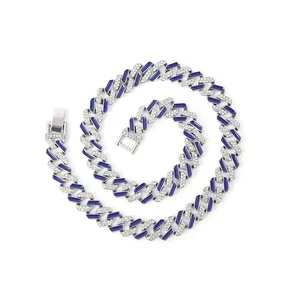 Premium 12mm iced out Cuban link chain necklace with blue enamel and rhinestones.