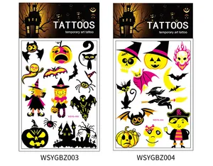Kids' Halloween fluorescent temporary tattoos with cartoon pumpkin and witch designs