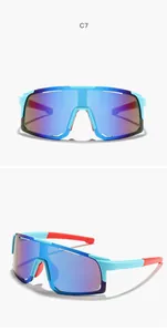 Detailed view of kids oversized cycling sunglasses with blue frame and colorful lenses
