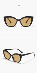 Detail view of cat-eye sunglasses with black frames and yellow lenses from multiple angles.