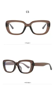 Multi-angle detail views of brown square anti-blue light rivet glasses frames for women