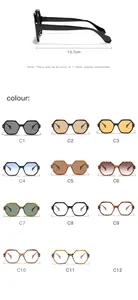 Overview of polygonal sunglasses with 11 color options and 13.7cm frame width