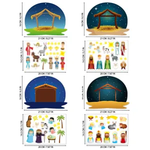 Detailed dimensions for DIY Christmas Nativity scene sticker set with backgrounds