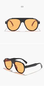 Front and side view details of black oversized sunglasses with orange lenses.