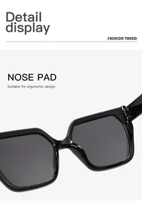 Macro detail display of ergonomic nose pads on black square frame cat-eye sunglasses