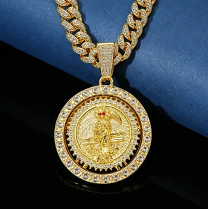 Hip Hop Rotating Grim Reaper Scythe Pendant Necklace Iced Out Rhinestone Alloy Cuban Chain For Men Streetwear Jewelry
