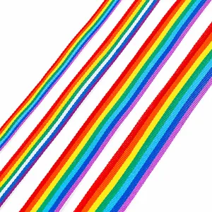 Macro view of multi-colored rainbow polyester webbing with striped texture