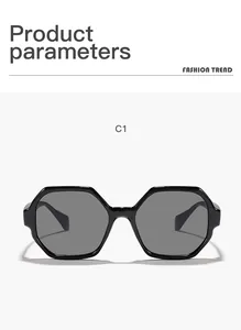 Detail view of multilateral black sunglasses featuring stylish retro hexagonal frames.