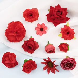 Red Artificial Flower Heads Silk Rose Carnation Heads For DIY Crafts Wedding Party Home Decor Chinese Festive Decorative Flowers