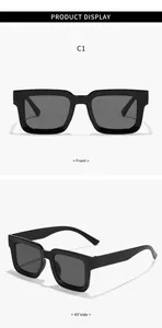 Detailed view of black square frame sunglasses with front and side display perspectives