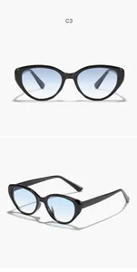 Vista frontale e laterale di occhiali da sole retro cat-eye con lenti sfumate blu