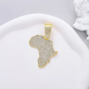 Detailed view of gold-plated Africa map pendant with sparkling rhinestones for hip hop style.