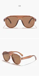 Detailed front and side views of brown oversized flat top pilot sunglasses for men