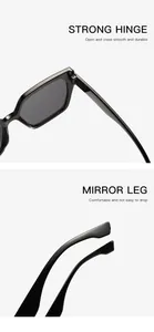 Detail view of durable hinges and comfortable temple tips of square cat-eye sunglasses