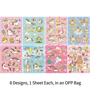 Set of 8 gold foil unicorn and rainbow stickers for kids' journaling and scrapbooking.