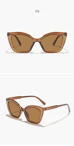 Detailed view of amber cat-eye sunglasses with translucent plastic frames
