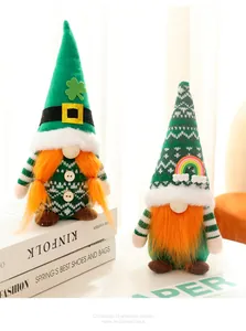 Detailed view of St. Patrick's Day handmade gnomes featuring shamrock and rainbow motifs