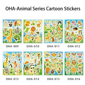 Overview of 8 different sheets of cute cartoon animal stickers for kids