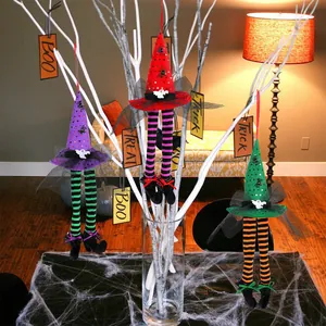 Halloween Hexenhut Hängende Dekoration Mit Gestreiften Langen Beinen Gruseliger Geist Pailletten Netz Dekor Für Party Fenster Bar